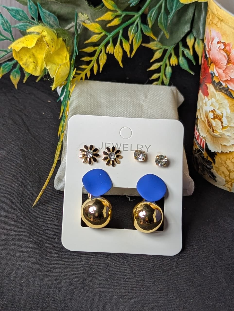3 Pairs Earrings Set | Blue Gold Ball Drop, Daisy Crystal & Diamond Studs