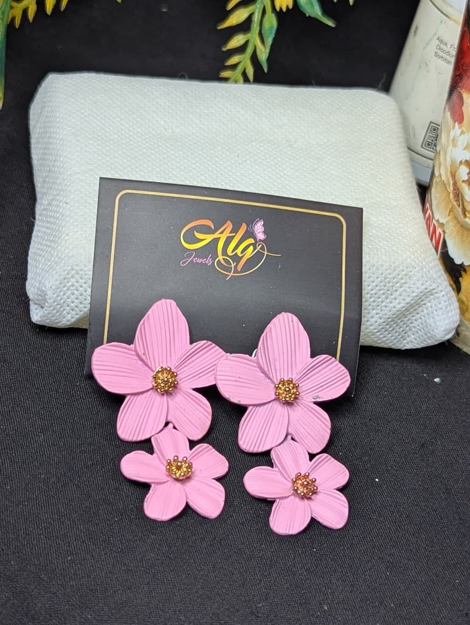 Double Flower Drop Earrings | Cream & Pink with Gold Center