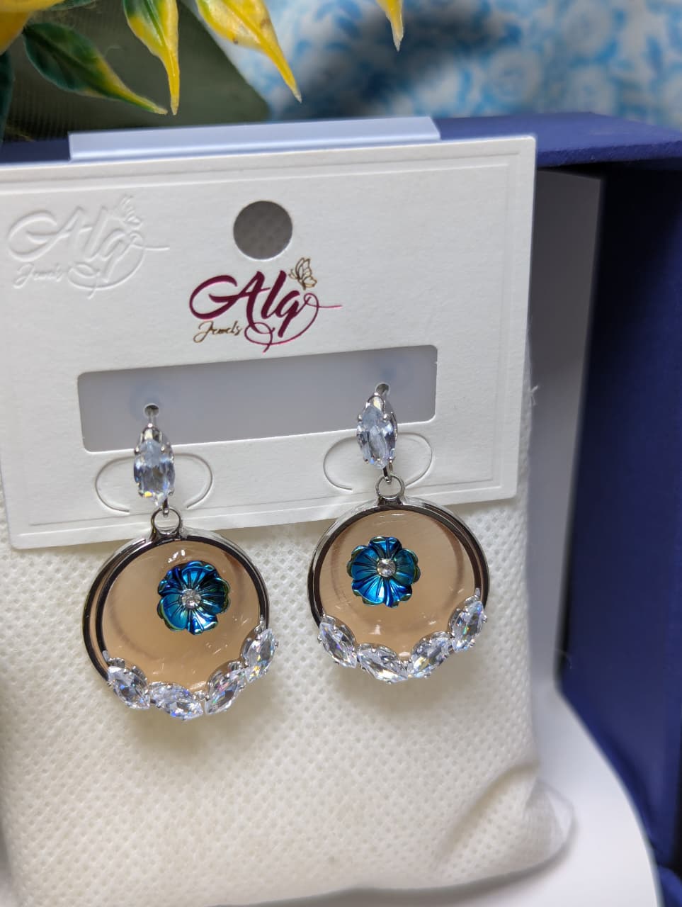 Blue Flower Hoop Drop Earrings