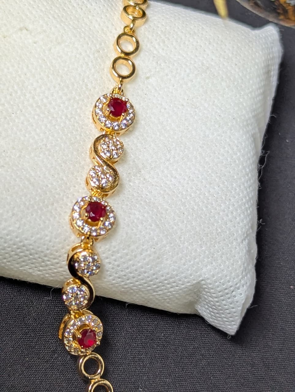 Gold Ruby Red Pave Diamond Circular Bracelet