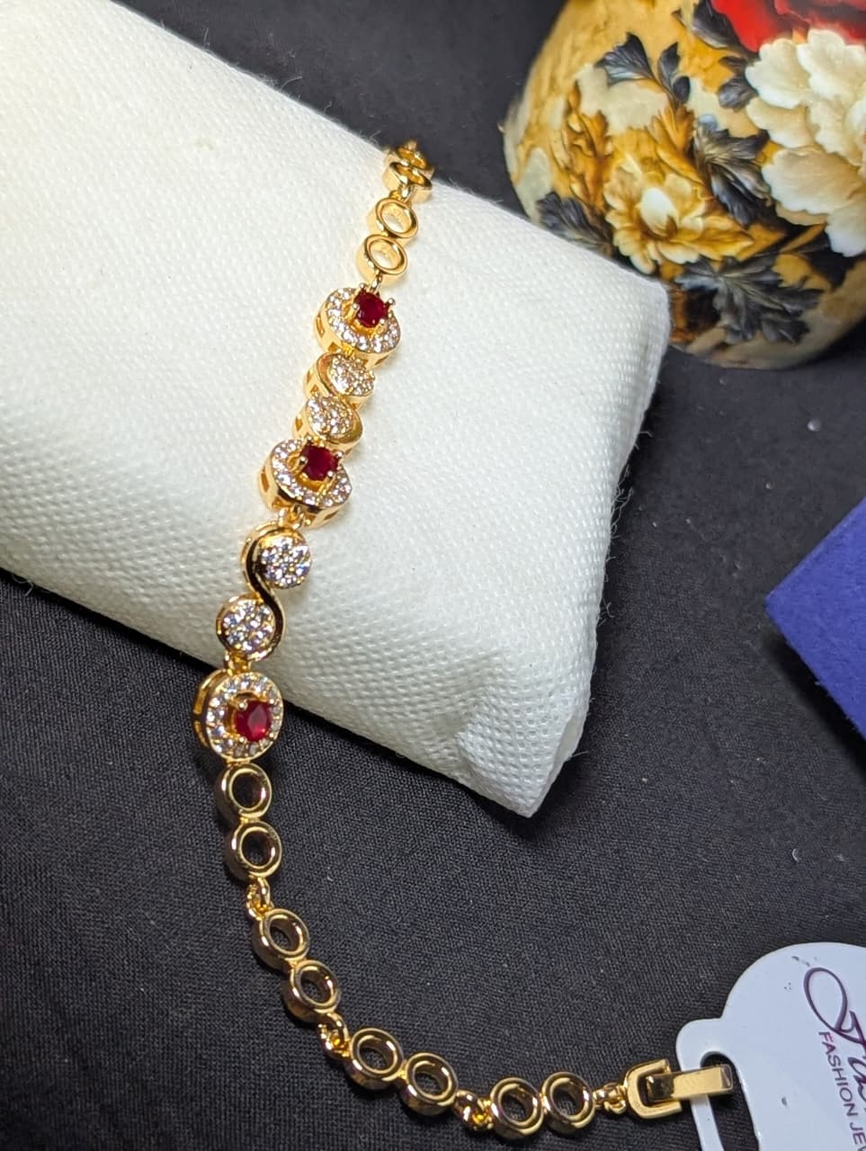 Gold Ruby Red Pave Diamond Circular Bracelet
