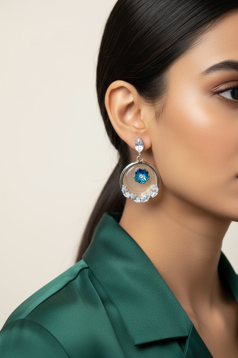 Blue Flower Hoop Earrings - Model