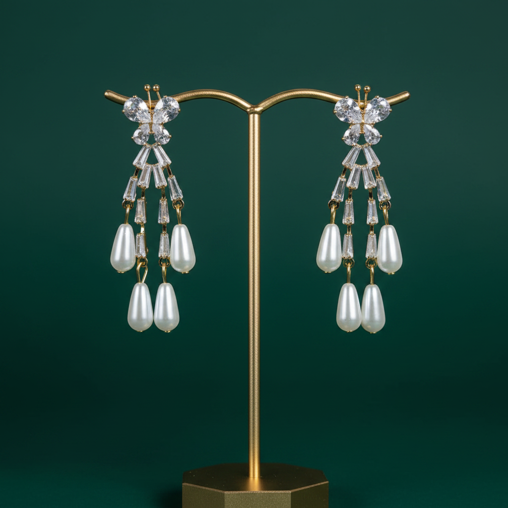 Crystal Zircon & Pearl Cascade Chandelier Earrings