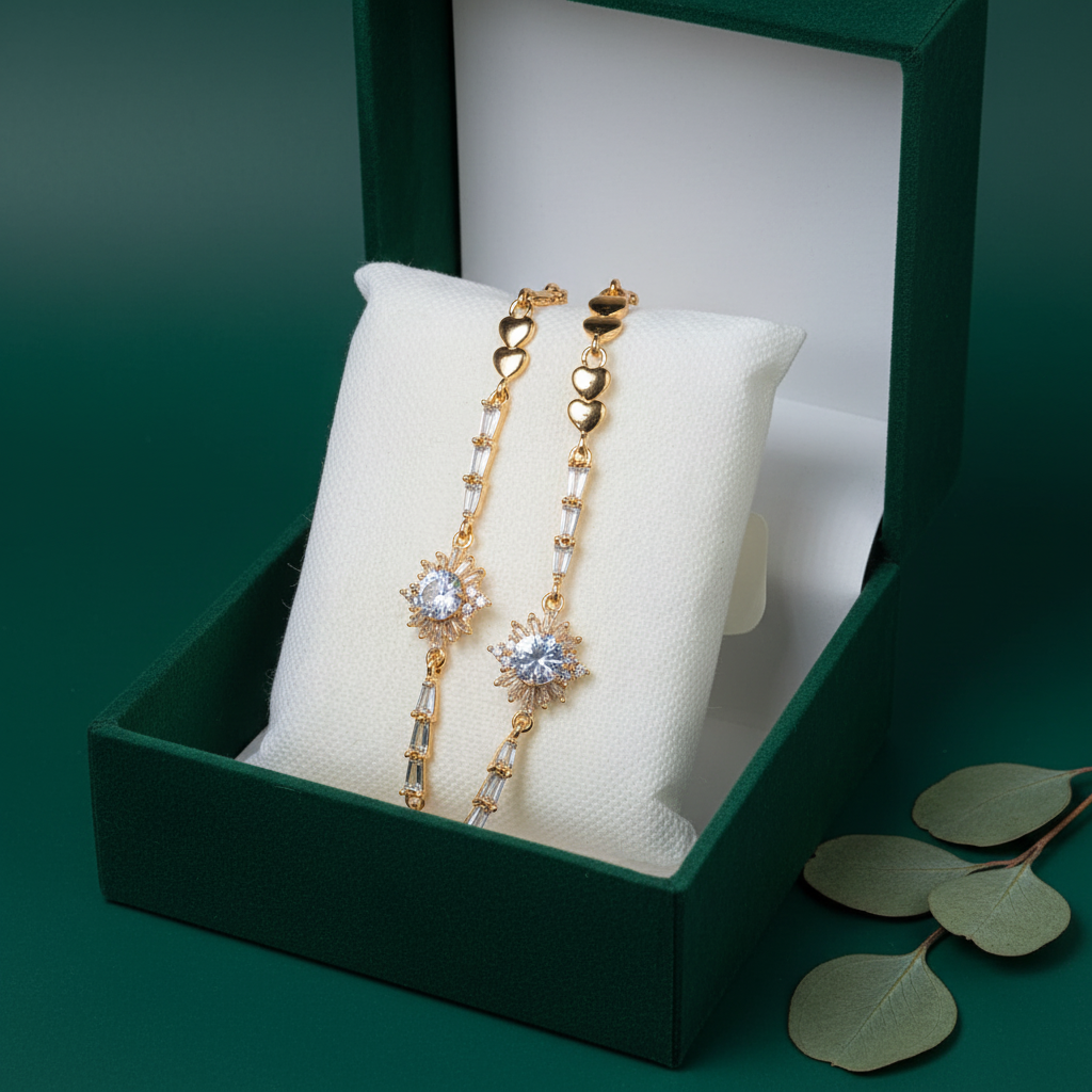 Gold starburst crystal baguette bracelet pack of 2 in dark forest green box - display image