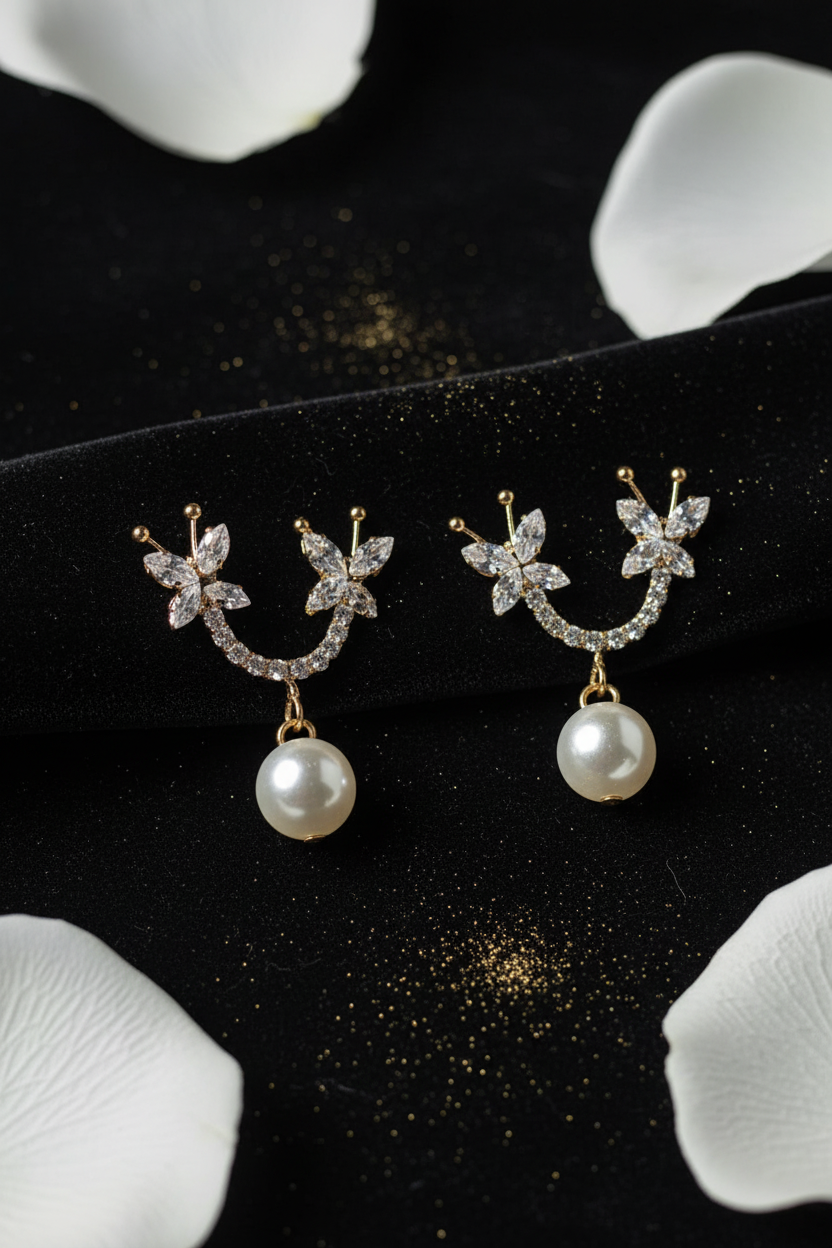 Butterfly Crystal Pearl Drop Earrings - Black Velvet