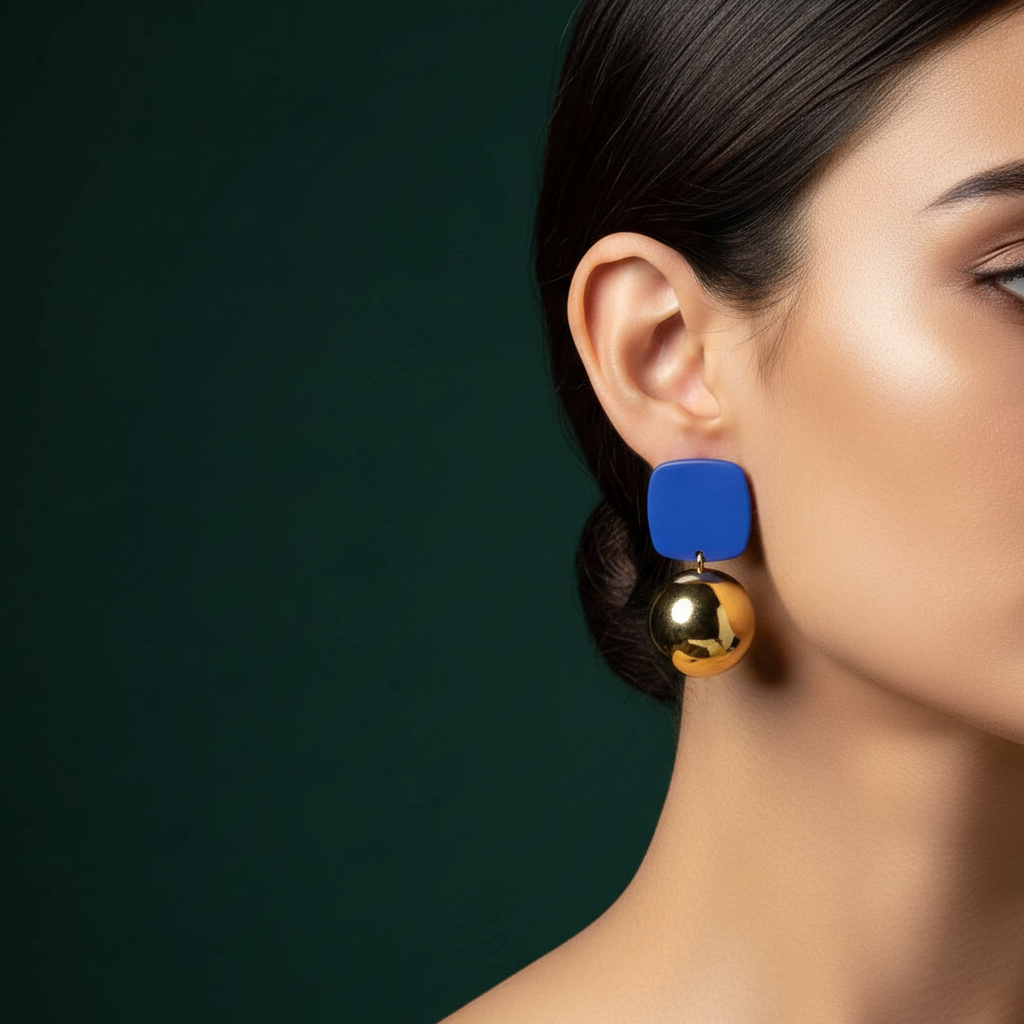 Blue gold ball drop earrings on model ear dark green background