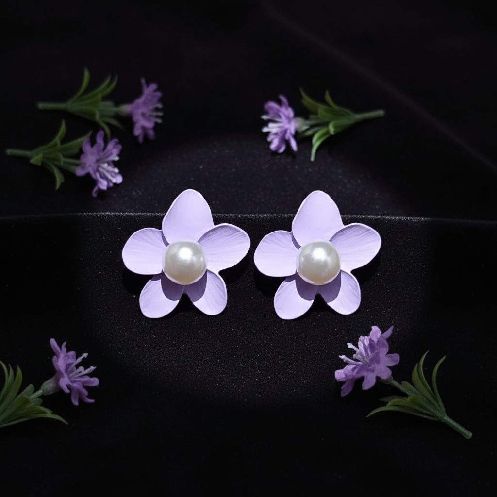 Pearl Flower Stud Earrings - Lavender