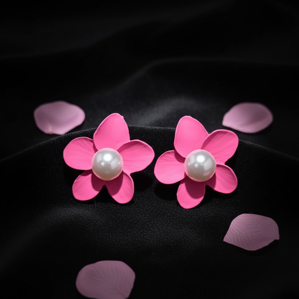 Pearl Flower Stud Earrings - Hot Pink