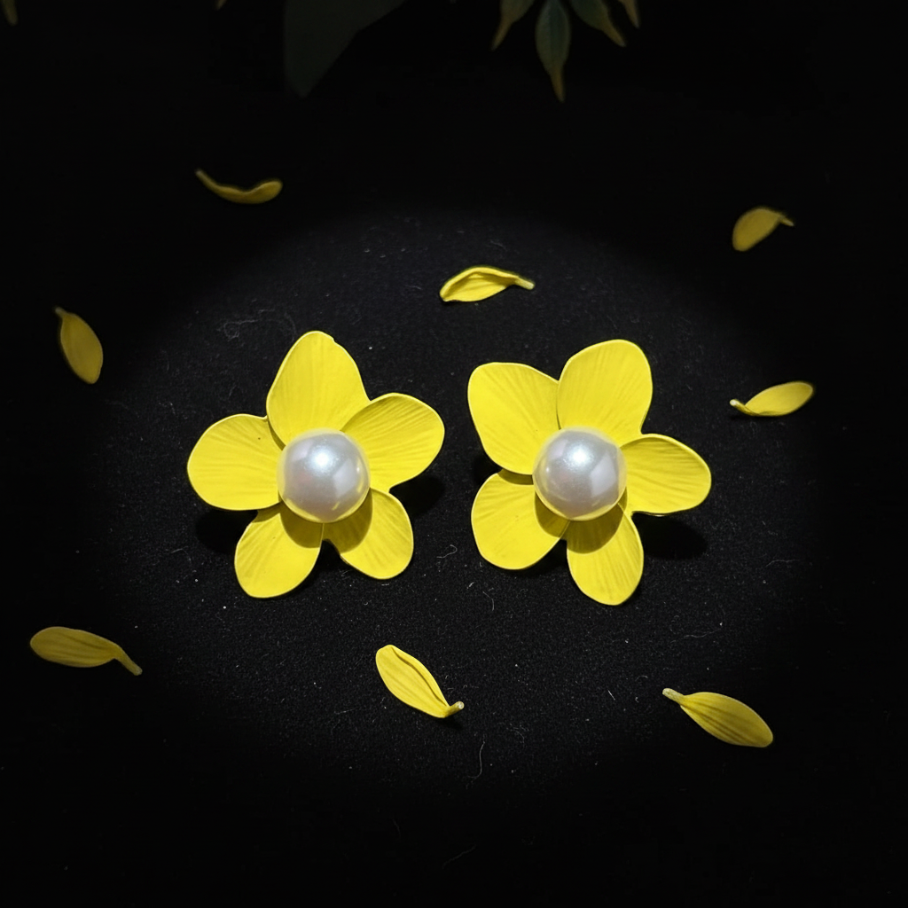 Pearl Flower Stud Earrings - Yellow