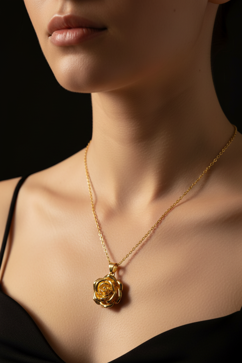 Model Wearing Gold Rose Necklace