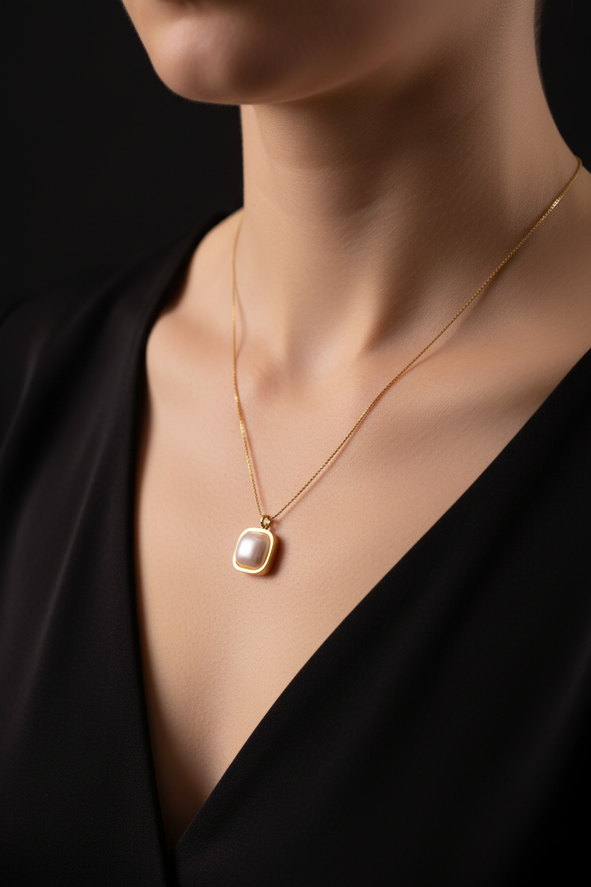 Model Wearing Pearl Necklace