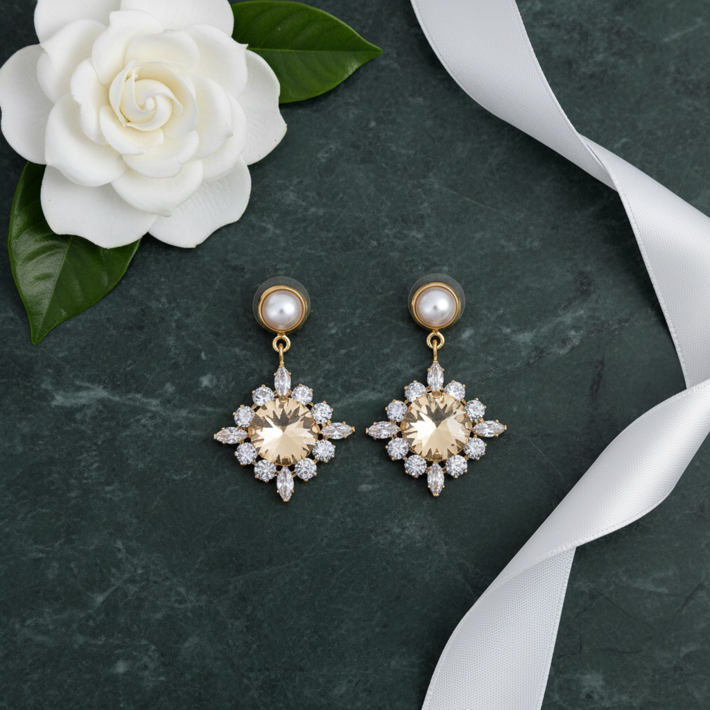 Pearl & Champagne Rivoli Crystal Snowflake Drop Earrings
