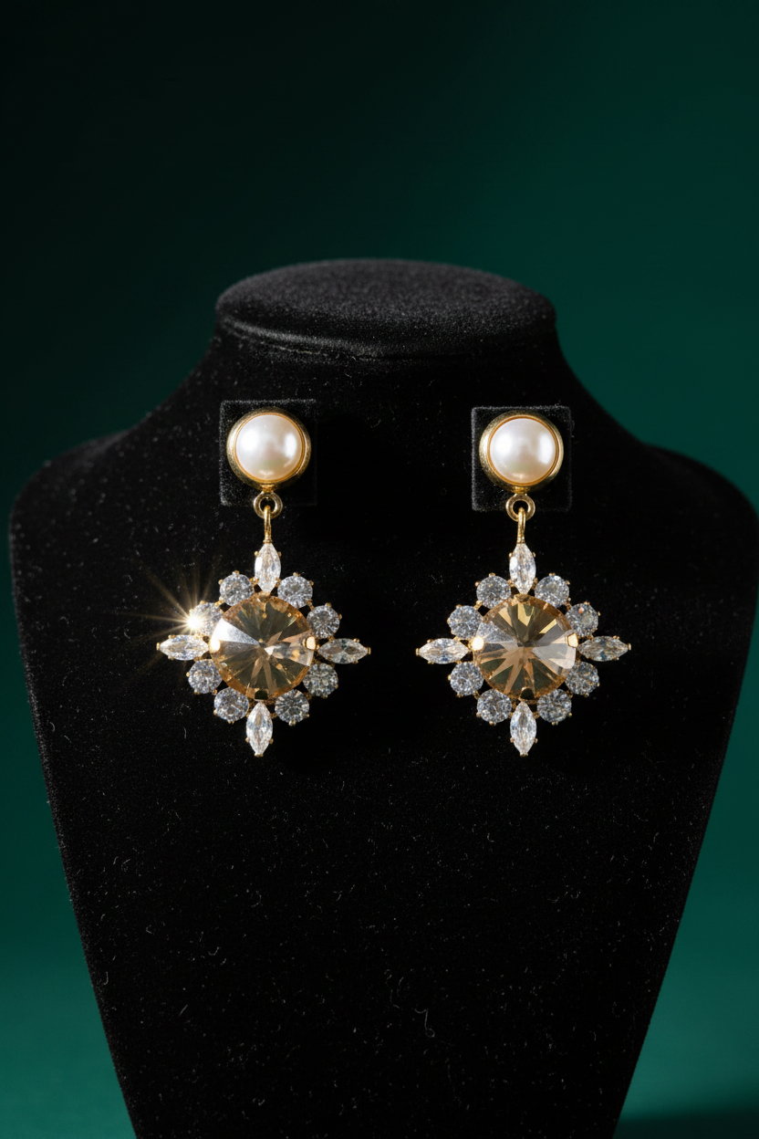 Pearl & Champagne Rivoli Crystal Snowflake Drop Earrings